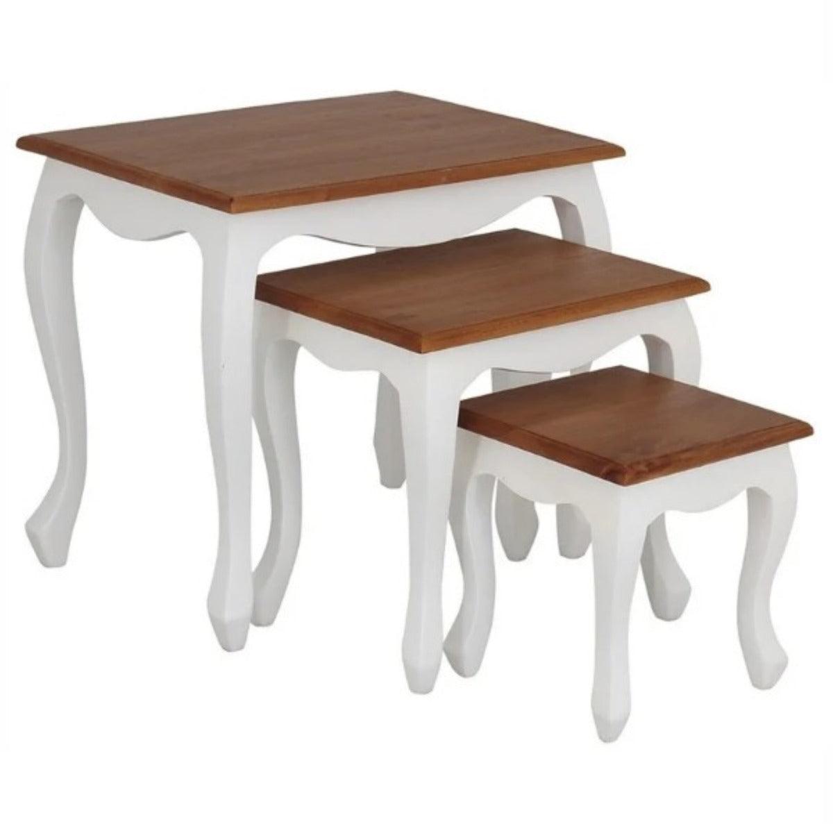 QUEEN ANN SOLID MAHOGANY NEST OF TABLES/SET OF 3 TABLES IN WHITE/CARAMEL