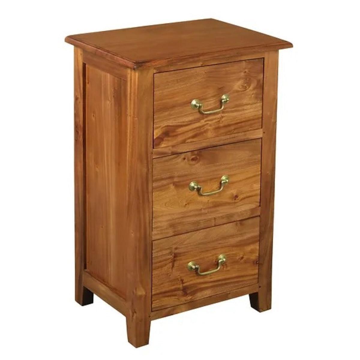 BENEDICT SOLID MAHOGANY TIMBER BEDSIDE TABLE WITH 3 DRAWERS IN LIGHT PECAN