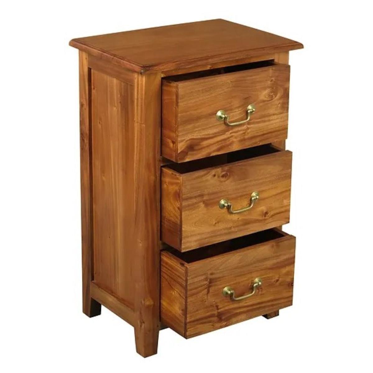 BENEDICT SOLID MAHOGANY TIMBER BEDSIDE TABLE WITH 3 DRAWERS IN LIGHT PECAN