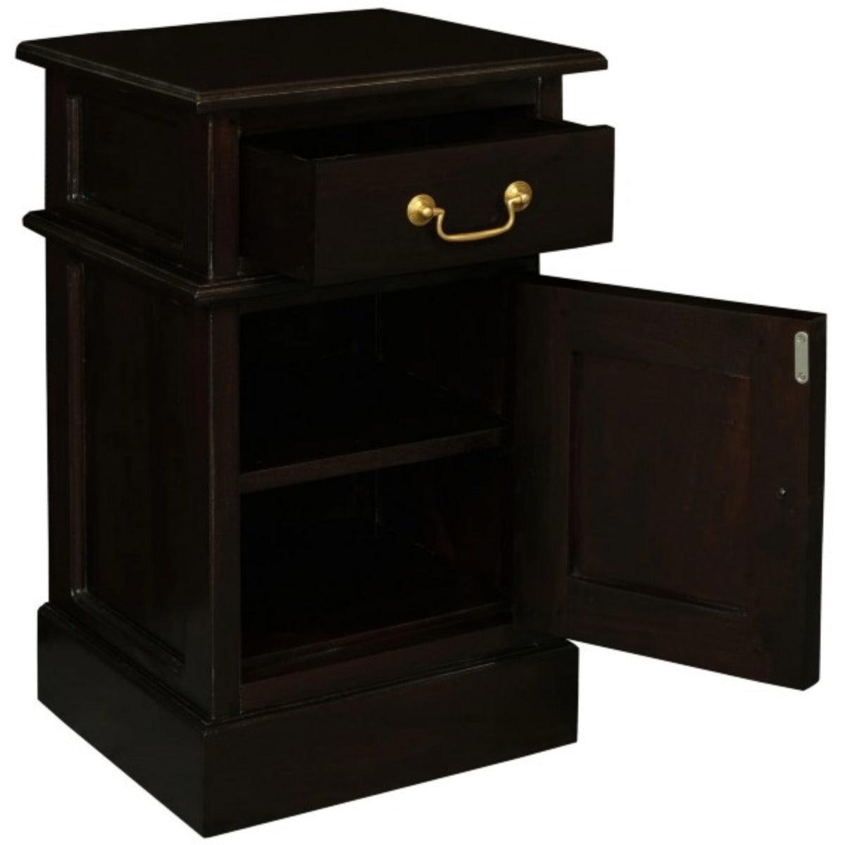TASMANIA SOLID MAHOGANY TIMBER BEDSIDE TABLE, RIGHT HAND SIDE, CHOCOLATE