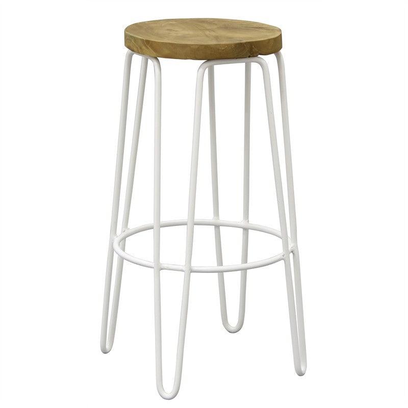 LESTER TEAK TIMBER & IRON BAR STOOL- WHITE
