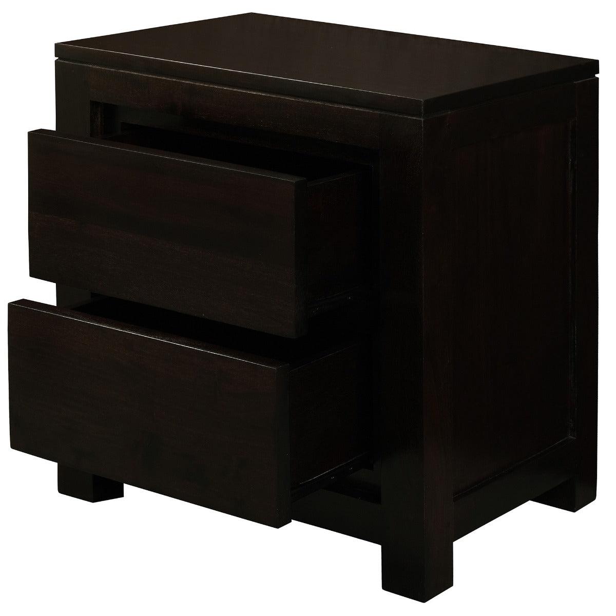 TANAKA SOLID MAHOGANY TIMBER BEDSIDE TABLE WITH 2 DRAWERS IN CHOCOLATE
