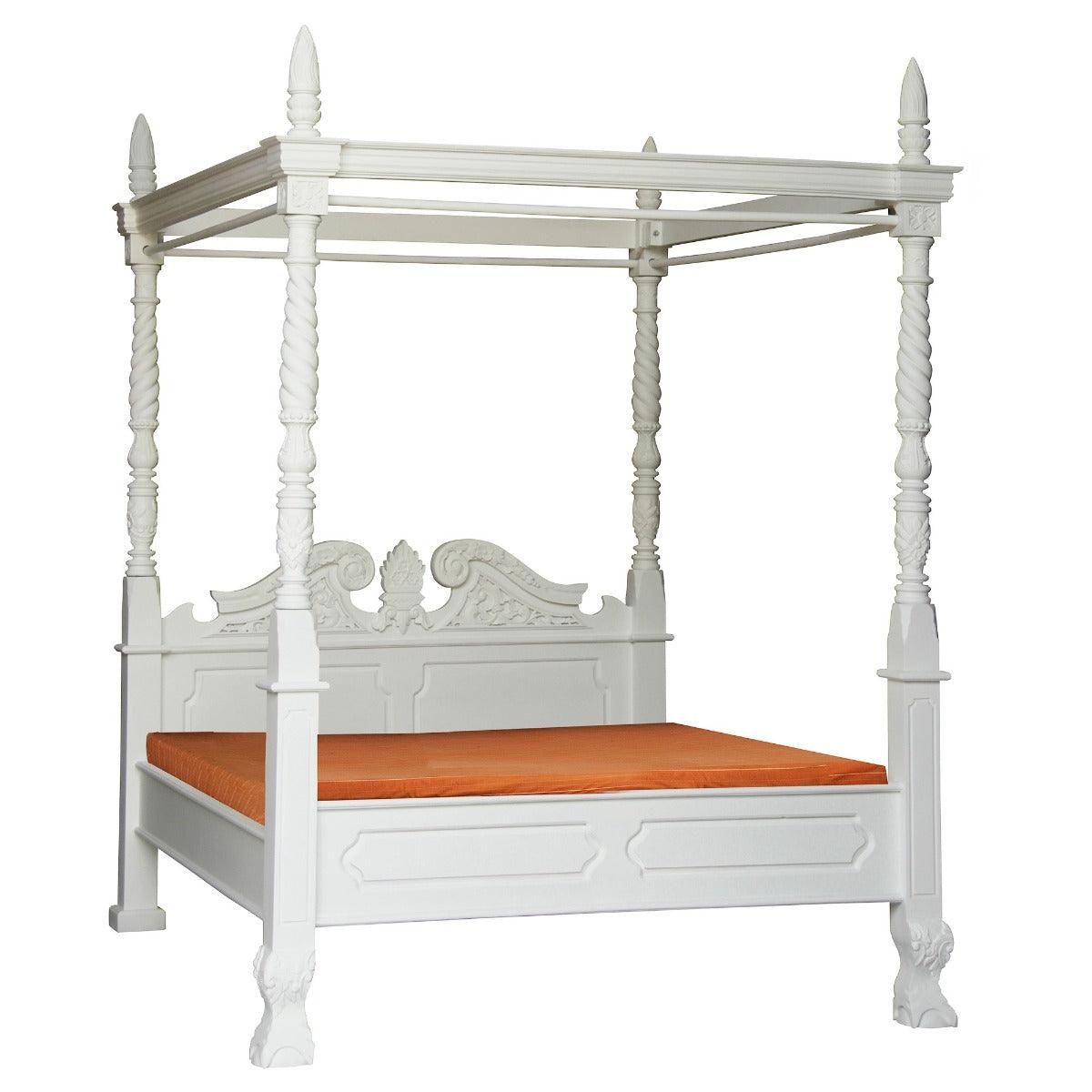ORLIA SOLID MAHOGANY TIMBER KING SIZE 4 POSTER BED IN WHITE