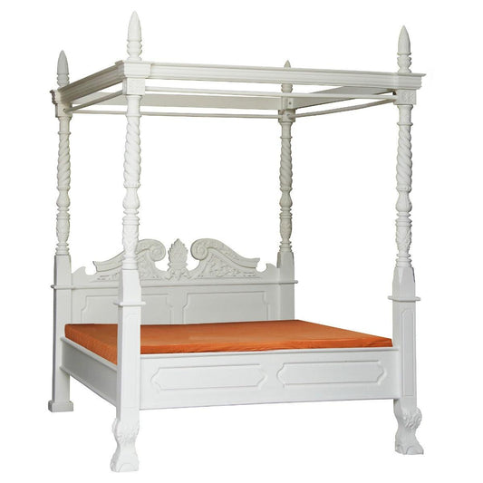 ORLIA SOLID MAHOGANY TIMBER KING SIZE 4 POSTER BED IN WHITE