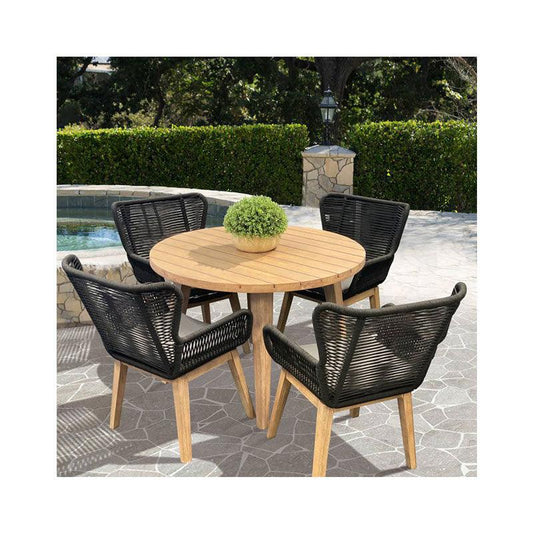 ALANYA 5 PIECE ROUND OUTDOOR DINING SETTING EUCALYPTUS TIMBER BLACK/GREY/NATURAL