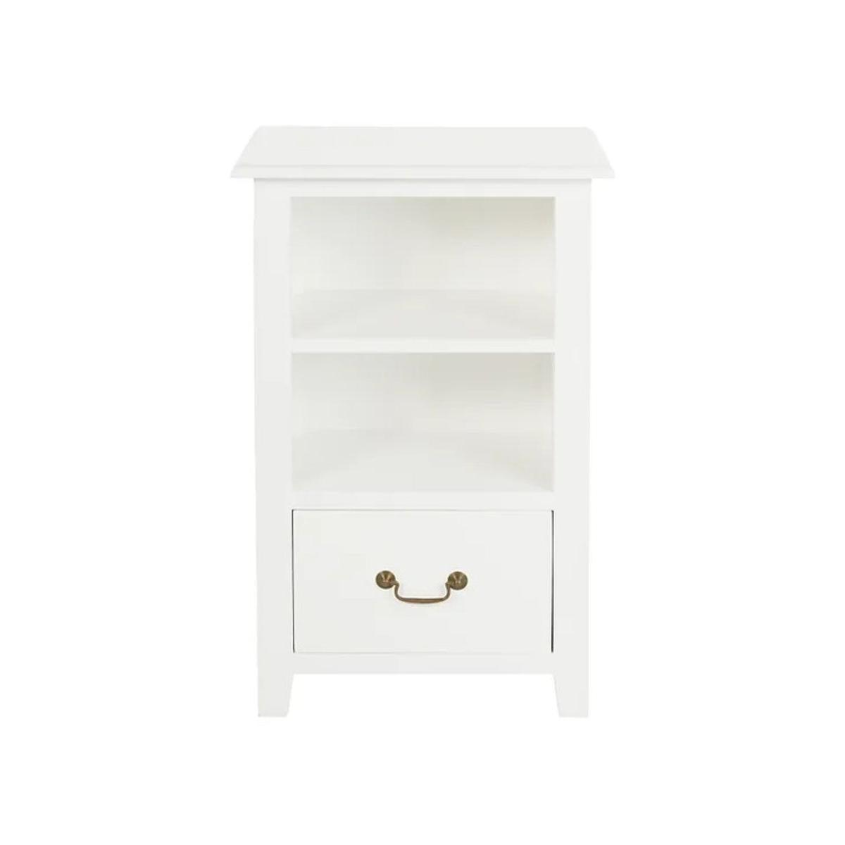 BENEDICT SOLID MAHOGANY TIMBER BEDSIDE TABLE WITH 1 DRAW & 1 SHELF IN WHITE