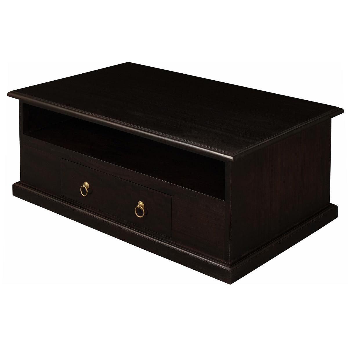 DALE SOLID MAHOGANY 2 DRAWER 100CM COFFEE TABLE IN CHOCOLATE