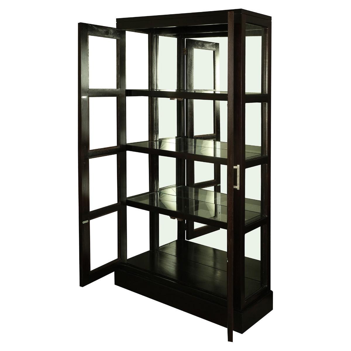 PARIS SOLID MAHOGANY TIMBER MIRRORED BACK DISPLAY CABINET WITH 3 SHELVES - CHOCOLATE