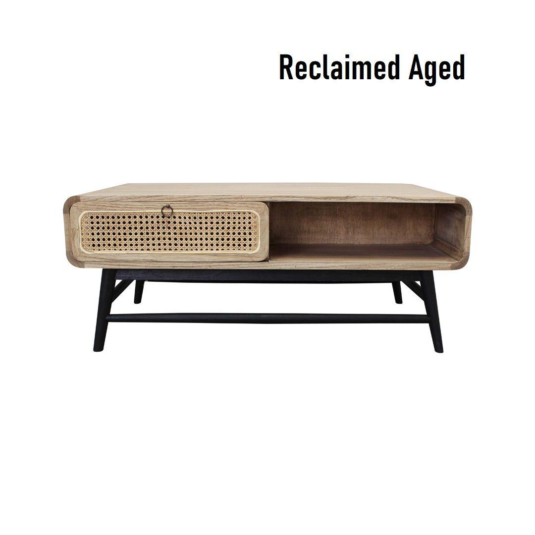 DRAPER SOLID MINDI WOOD COFFEE TABLE 1 DRAWER & 1 SHELF IN RECLAIMED AGED FINISH