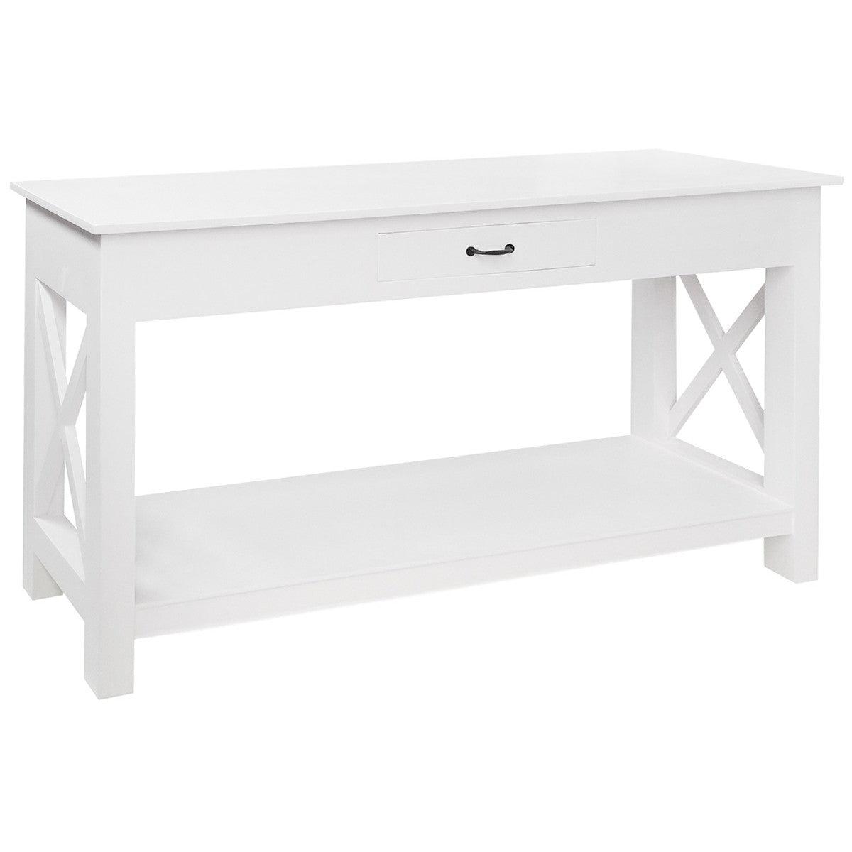 SHEBA SOLID MAHOGANY CROSS CONSOLE TABLE / HALL TABLE WITH 1 DRAWER IN WHITE