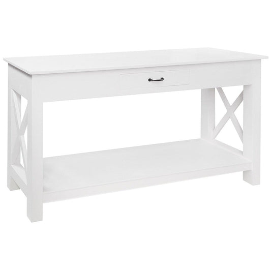 SHEBA SOLID MAHOGANY CROSS CONSOLE TABLE / HALL TABLE WITH 1 DRAWER IN WHITE