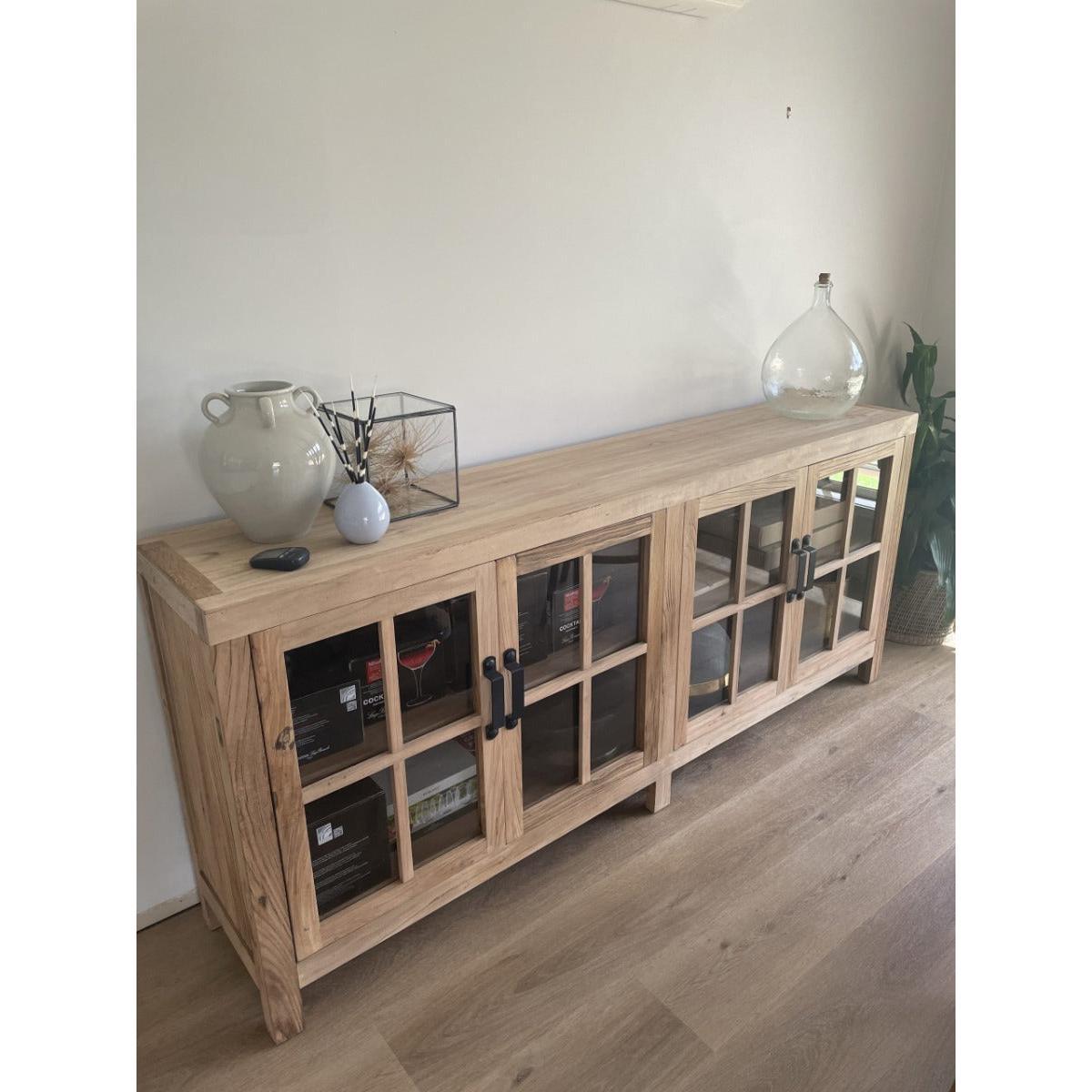 FAIRMONT RECYCLED ELM SIDEBOARD/BUFFET WITH GLASS DOORS. 2.1M VINTAGE INDUSTRIAL