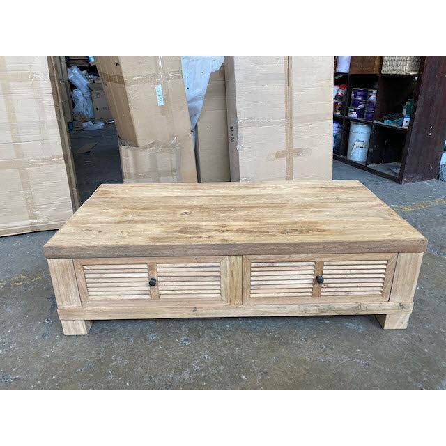 VILLA RUSTIC LOUVRE STYLE COFFEE TABLE 2 DRAWERS IN RECYCLED ELM