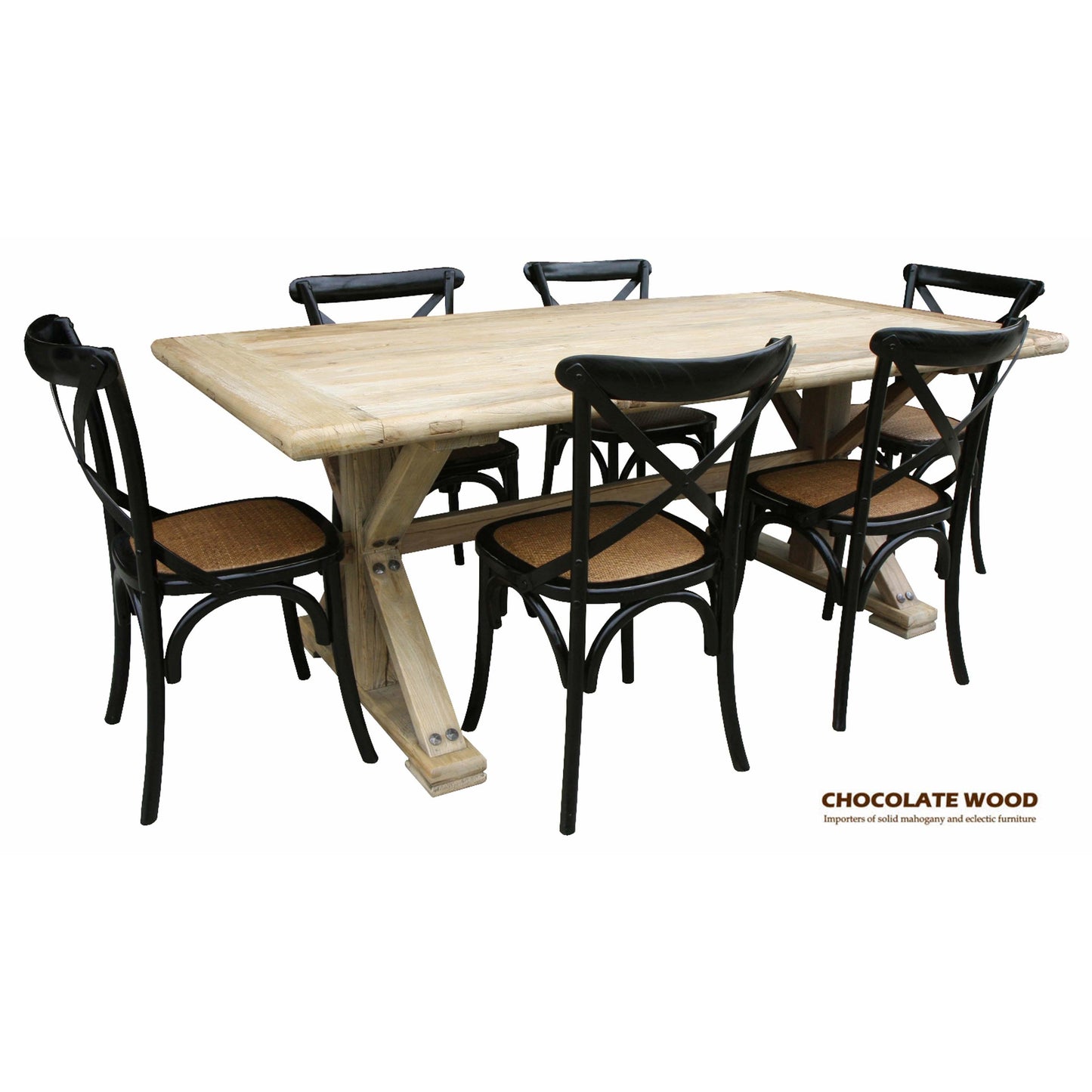 Elm Solid timber dining set with 6 cross back dining chairs