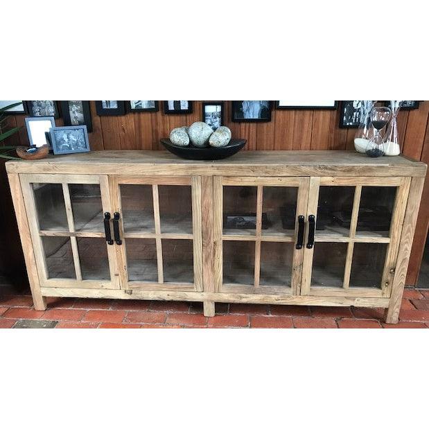 FAIRMONT RECYCLED ELM SIDEBOARD/BUFFET WITH GLASS DOORS. 2.1M VINTAGE INDUSTRIAL