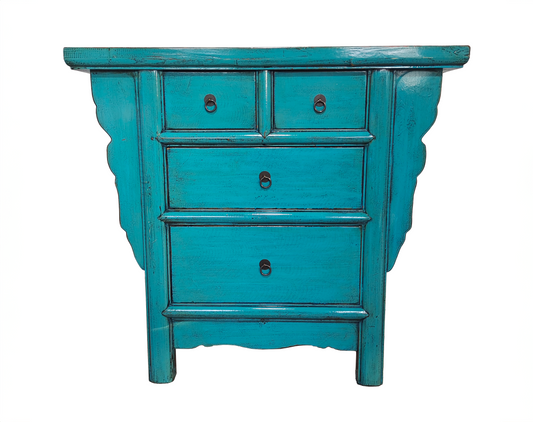 SUZHOU HF2308-148 CHINESE ANTIQUE RECYCLED  PINE TIMBER CHEST OF 4 DRAWERS,    AQUA-BLUE