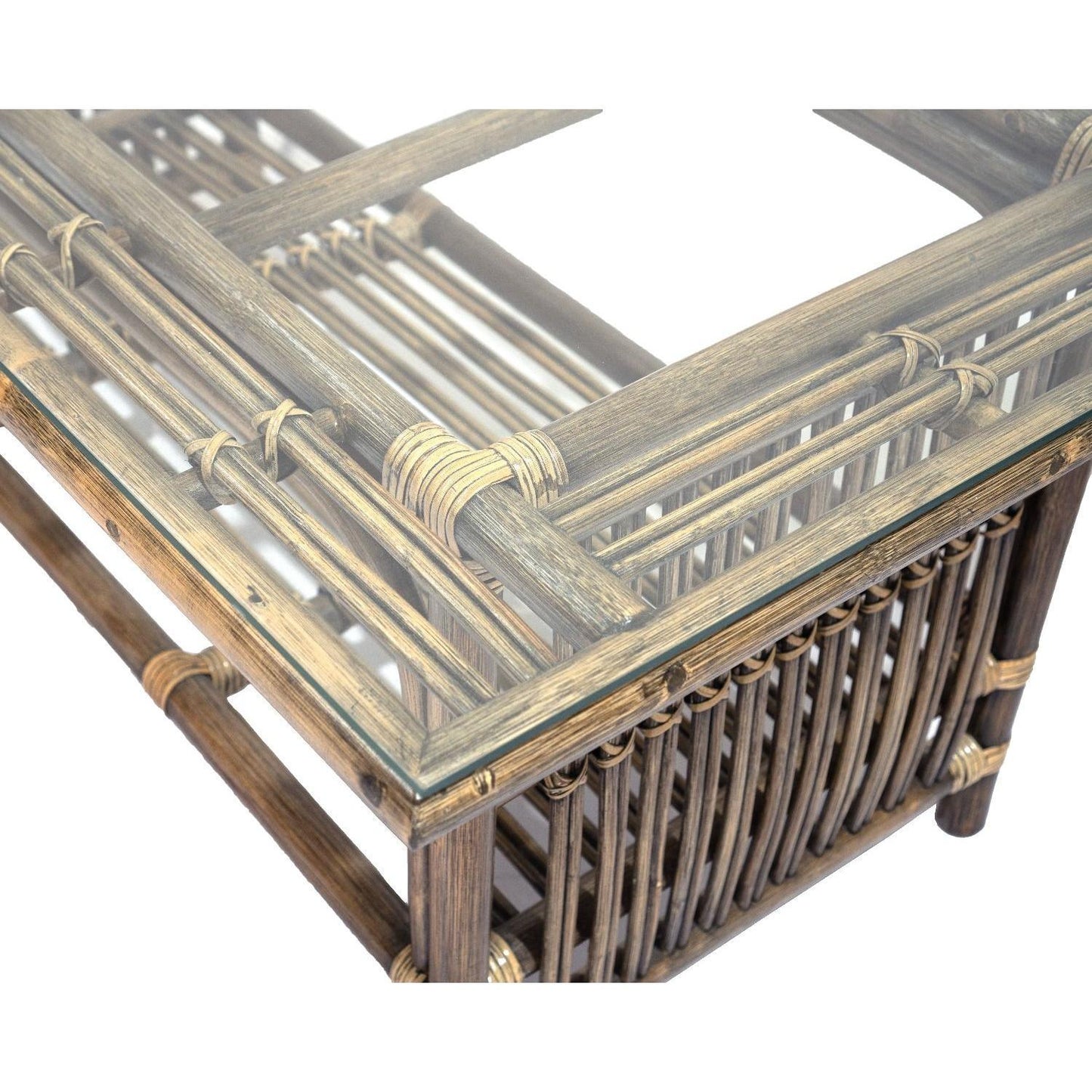 NAPOLI HAMPTONS STYLE RATTAN COFFEE TABLE WITH GLASS TOP IN ANTIQUE HONEY