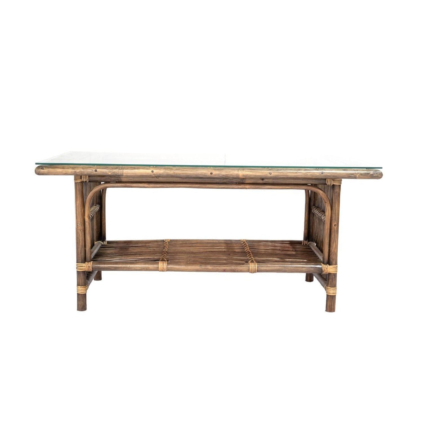 NAPOLI HAMPTONS STYLE RATTAN COFFEE TABLE WITH GLASS TOP IN ANTIQUE HONEY