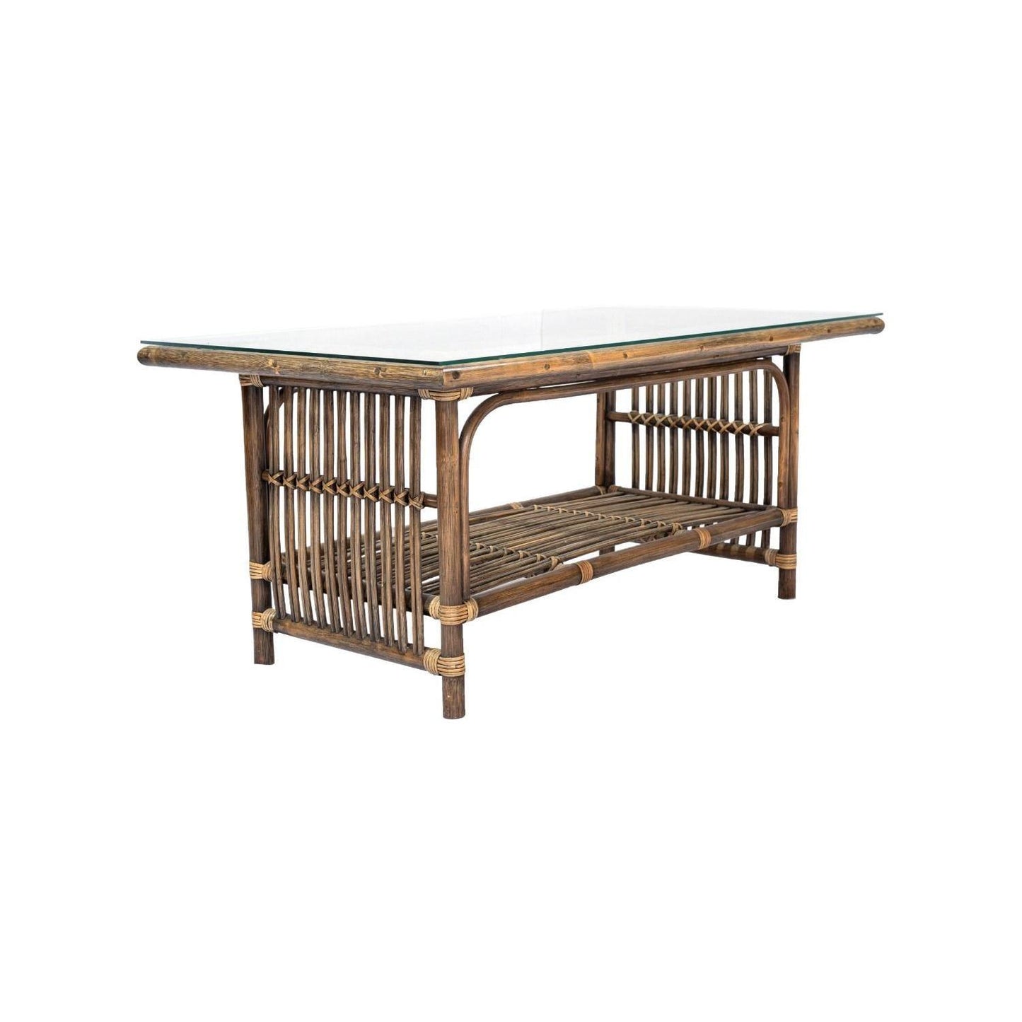NAPOLI HAMPTONS STYLE RATTAN COFFEE TABLE WITH GLASS TOP IN ANTIQUE HONEY