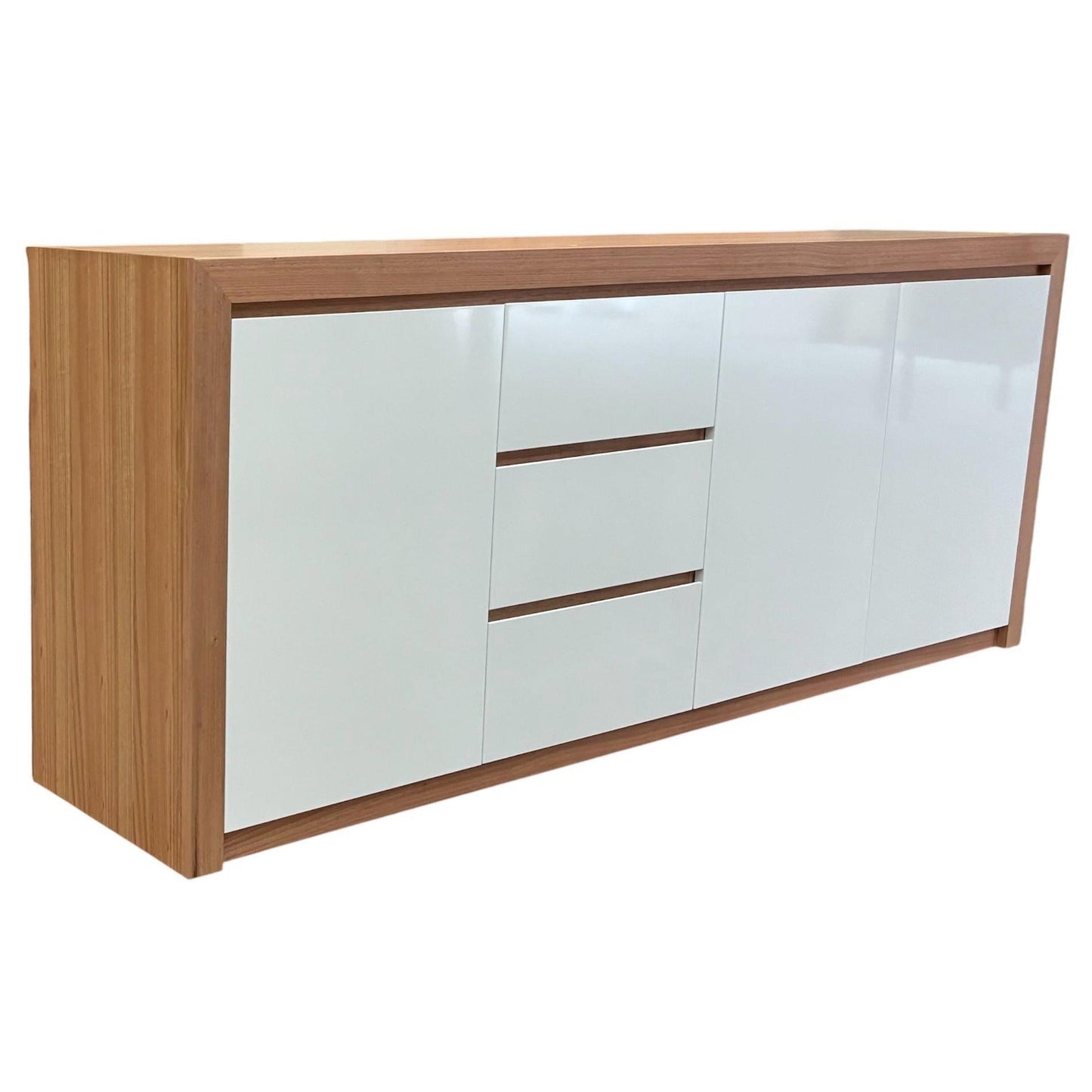 CUSTOM MADE JANE BUFFET TASSIE OAK IN CLEAR LACQUER WITH 3 DOORS & 3 DRAWERS IN WHITE POLYURETHANE