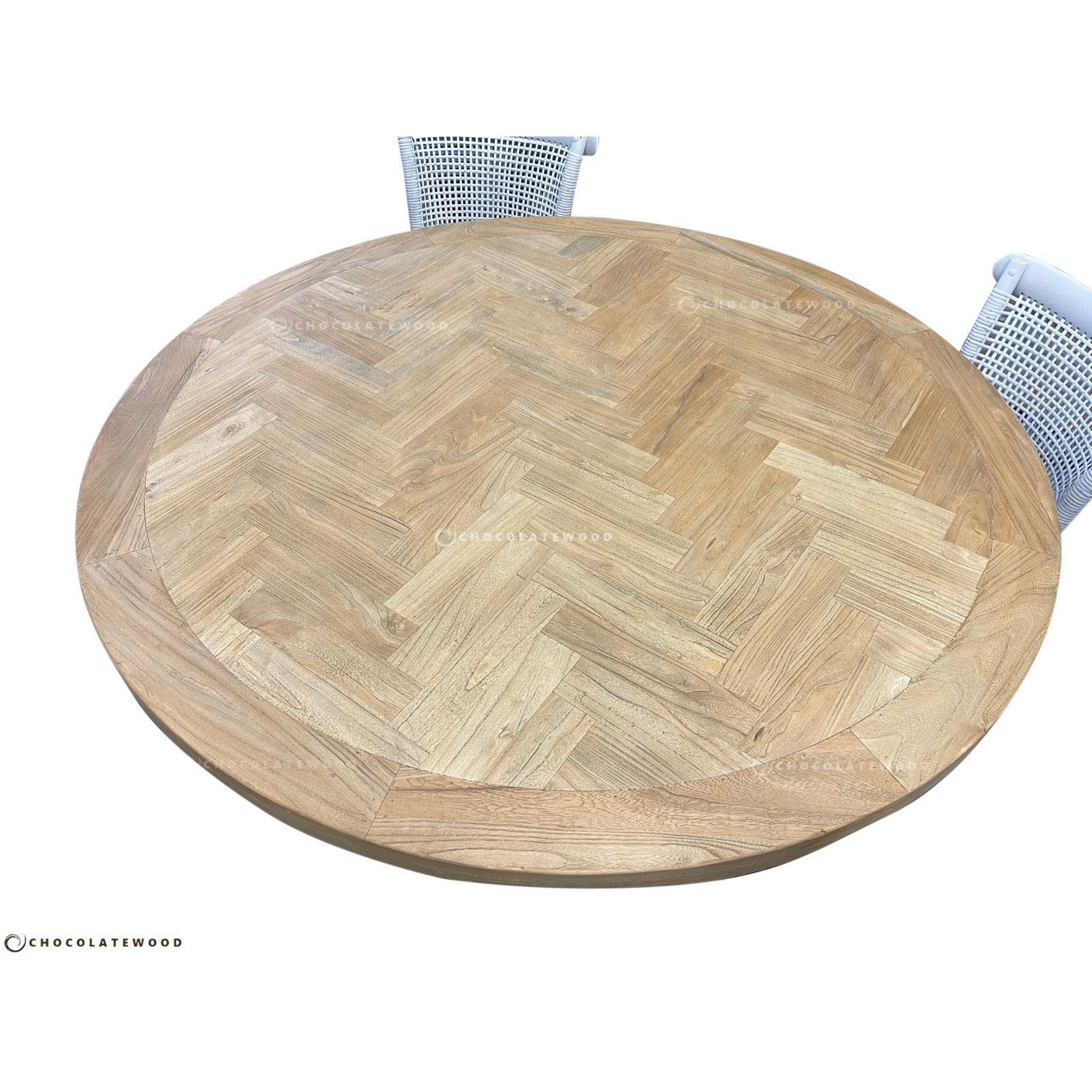 GIBRALTAR HAMPTON STYLE ROUND PARQUETRY DINING TABLE WITH LIGHT WHITE DISTRESSED LEGS IN 1400MM DIAMETER - MyChocolateWood