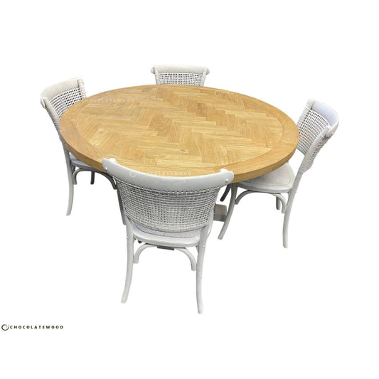 GIBRALTAR HAMPTON ROUND PARQUETRY DINING TABLE 1500MM + 4 MARSEILLE WHITE DINING CHAIRS