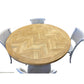 GIBRALTAR HAMPTON ROUND PARQUETRY DINING TABLE 150CM + 4 MARSEILLE WHITE DINING CHAIRS - MyChocolateWood