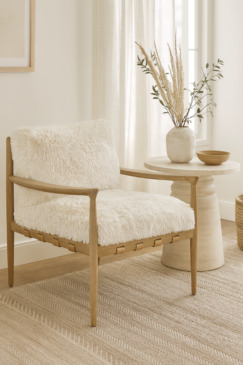 ALABAMA FAUX SHEEP SKIN/ASHWOOD ARMCHAIR /LOUNGE CHAIR IN WHITE