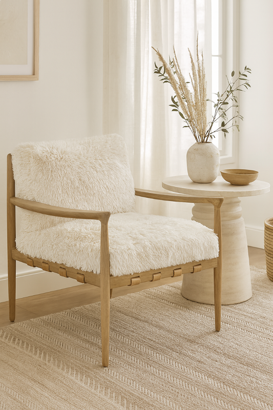 ALABAMA FAUX SHEEP SKIN/ASHWOOD ARMCHAIR /LOUNGE CHAIR IN WHITE