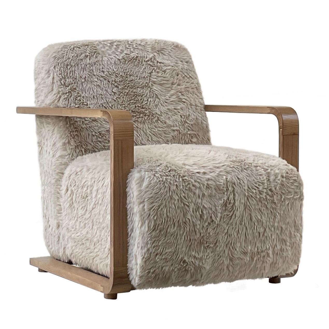 LOUISE FAUX SHEEPSKIN/ASH WOOD ARMCHAIR/LOUNGE CHAIR IN BEIGE - MyChocolateWood