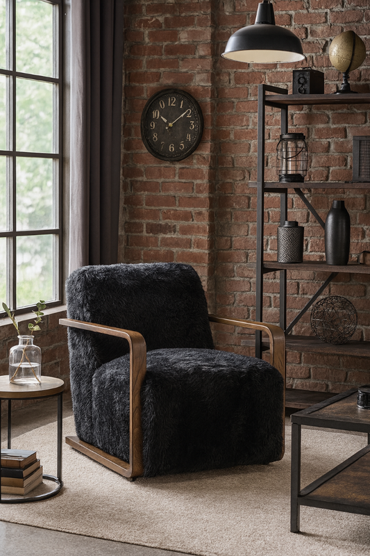 LOUISE FAUX SHEEPSKIN/ASH WOOD ARMCHAIR/LOUNGE CHAIR IN ONYX