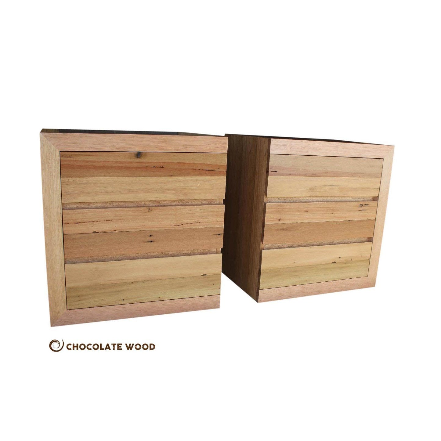 2 X MOOREBANK 3 DRAWER RECYCLED HARDWOOD BEDSIDE TABLES MADE TO ORDER