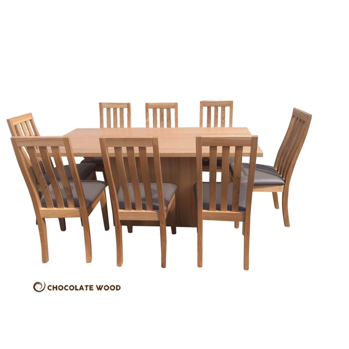 ROMA MADE TO ORDER 2400MM TASSIE OAK RECTANGULAR DINING TABLE IN CLEAR LACQUER 9 PIECE DINING SET