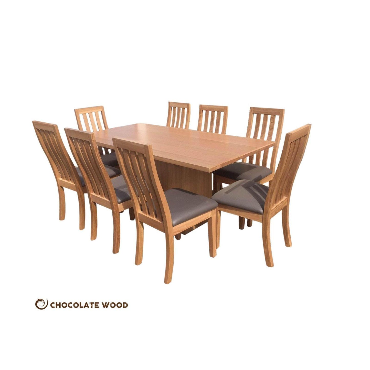 ROMA MADE TO ORDER 2400MM TASSIE OAK RECTANGULAR DINING TABLE IN CLEAR LACQUER 9 PIECE DINING SET