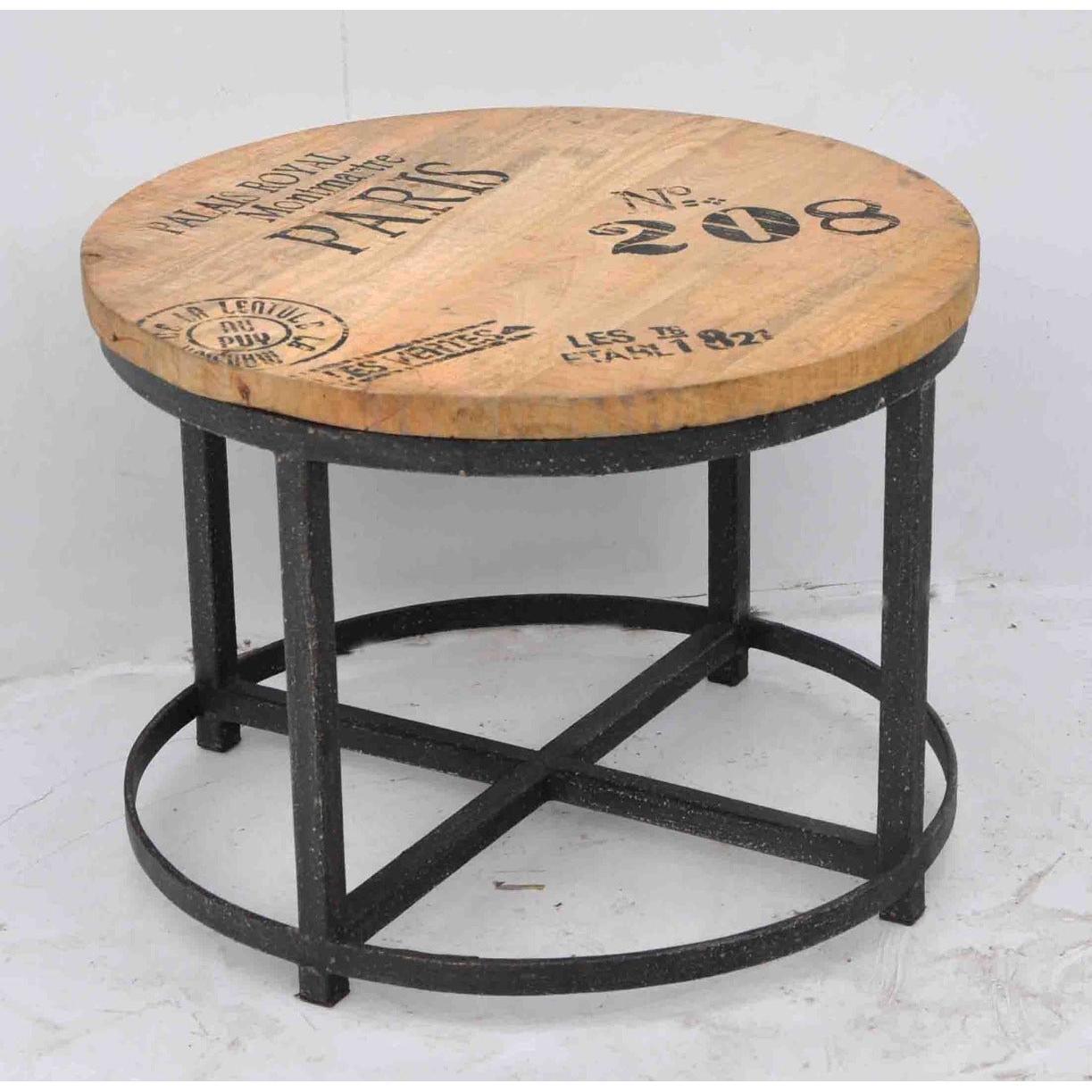 SADIE HARDWOOD ROUND COFFEE TABLE-MANGO WOOD/IRON LEGS INDUSTRIAL STYLE MARKS.