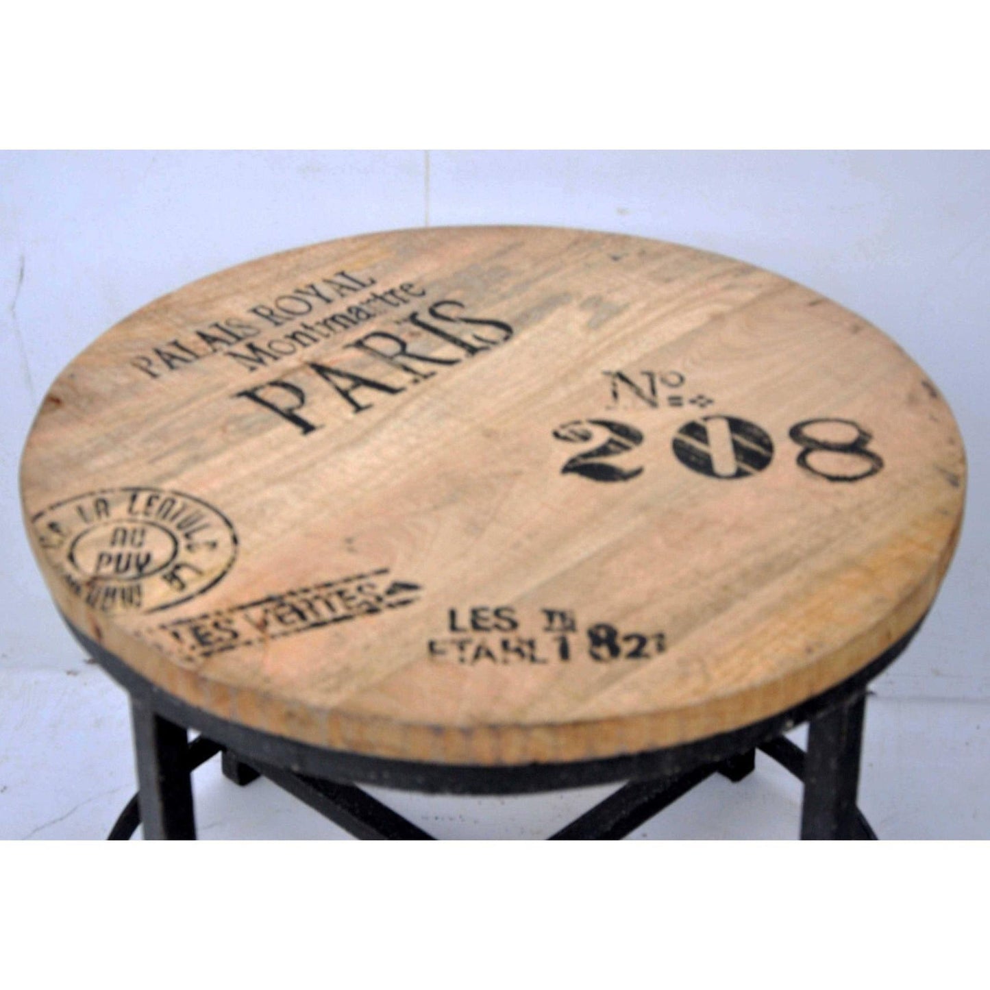 SADIE HARDWOOD ROUND COFFEE TABLE-MANGO WOOD/IRON LEGS INDUSTRIAL STYLE MARKS.