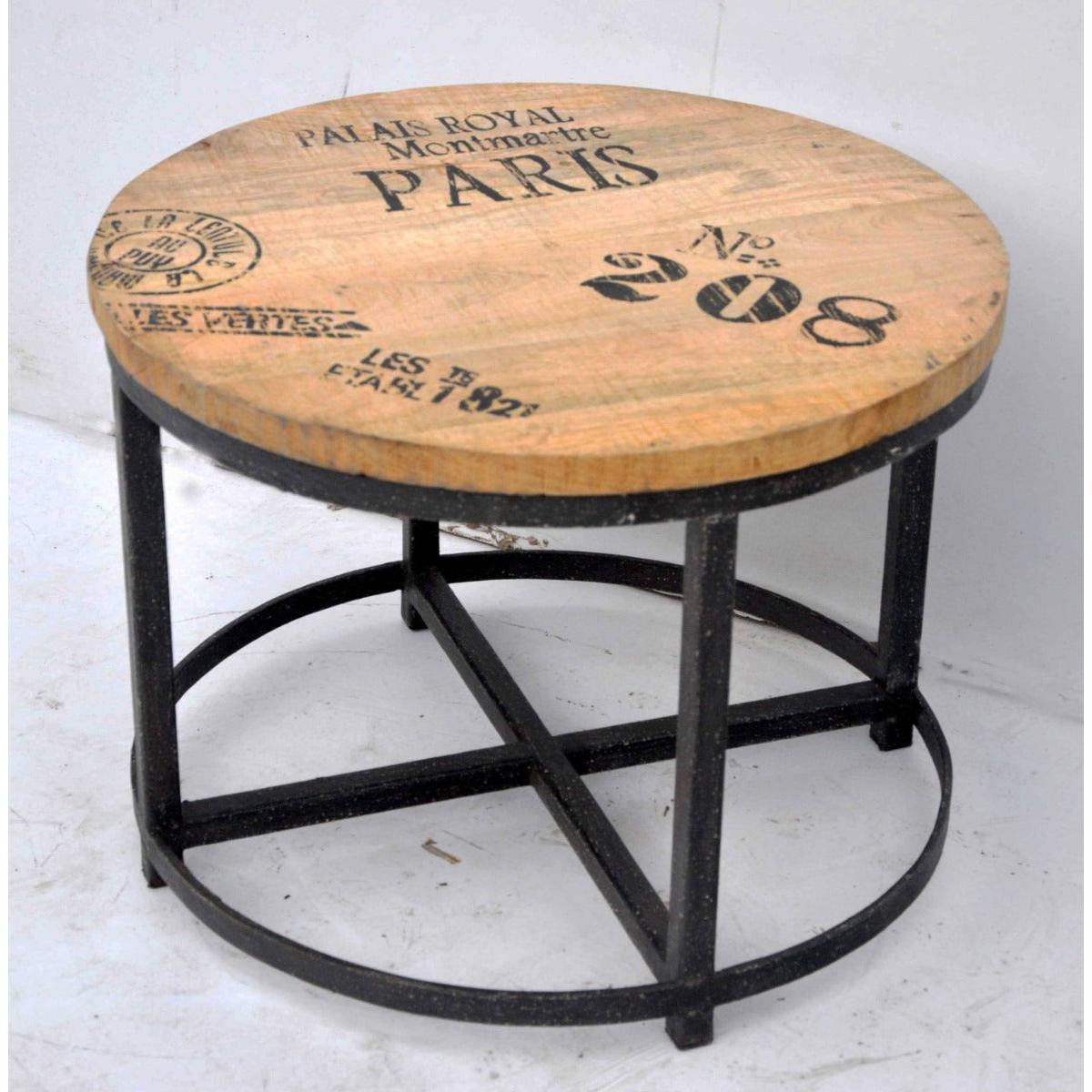 SADIE HARDWOOD ROUND COFFEE TABLE-MANGO WOOD/IRON LEGS INDUSTRIAL STYLE MARKS.