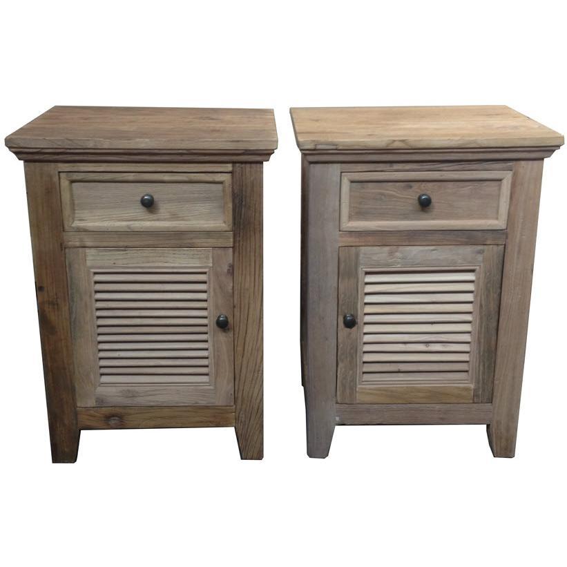 2 X VILLA RUSTIC LOUVRE STYLE BEDSIDE TABLES 1 DRAWER & 1 DOOR IN RECYCLED ELM - MyChocolateWood