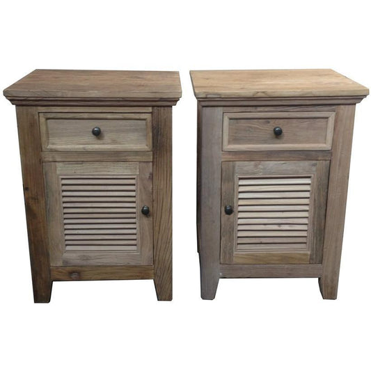 2 X VILLA RUSTIC LOUVRE STYLE BEDSIDE TABLES 1 DRAWER & 1 DOOR IN RECYCLED ELM - MyChocolateWood