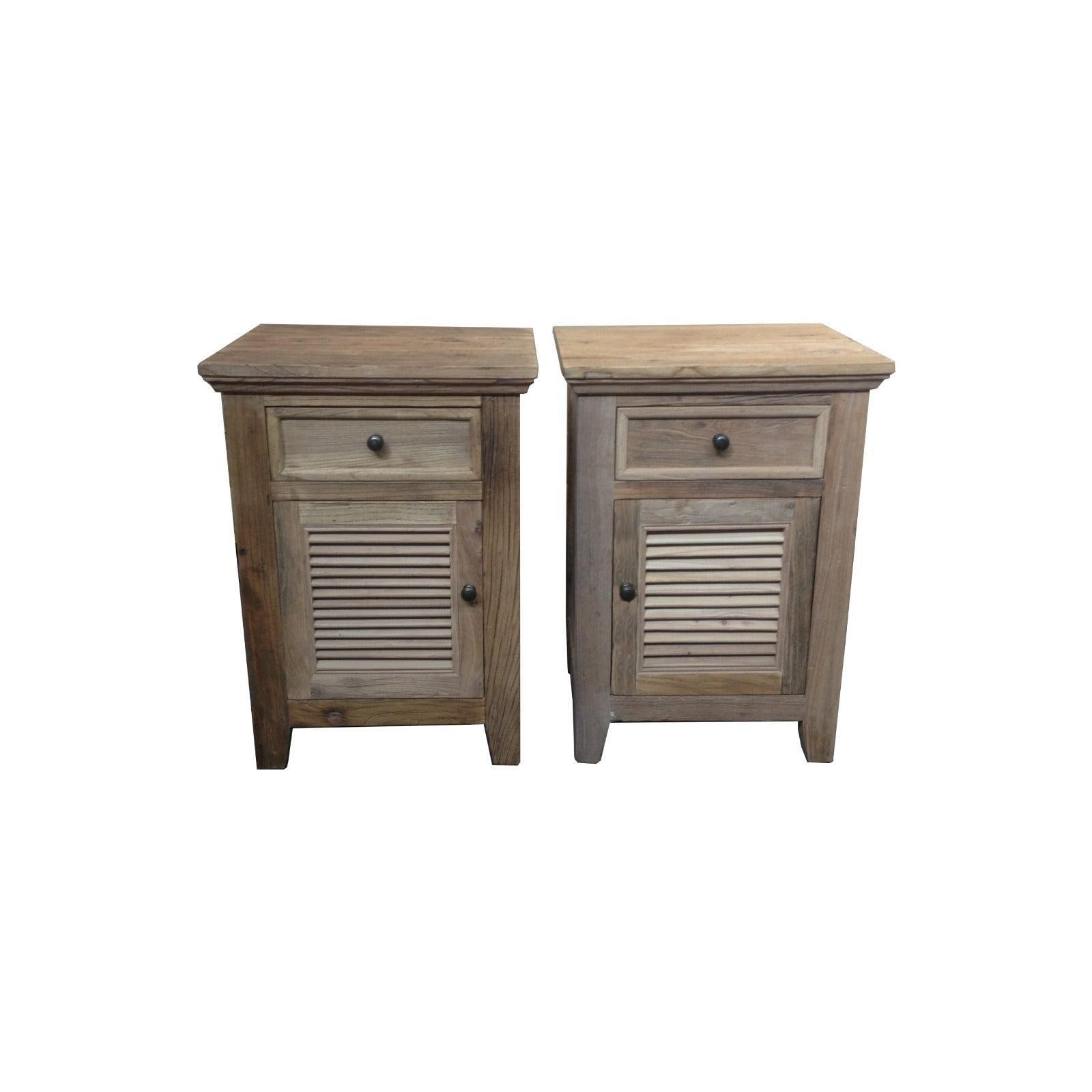 2 X VILLA RUSTIC LOUVRE STYLE BEDSIDE TABLES 1 DRAWER & 1 DOOR IN RECYCLED ELM - MyChocolateWood