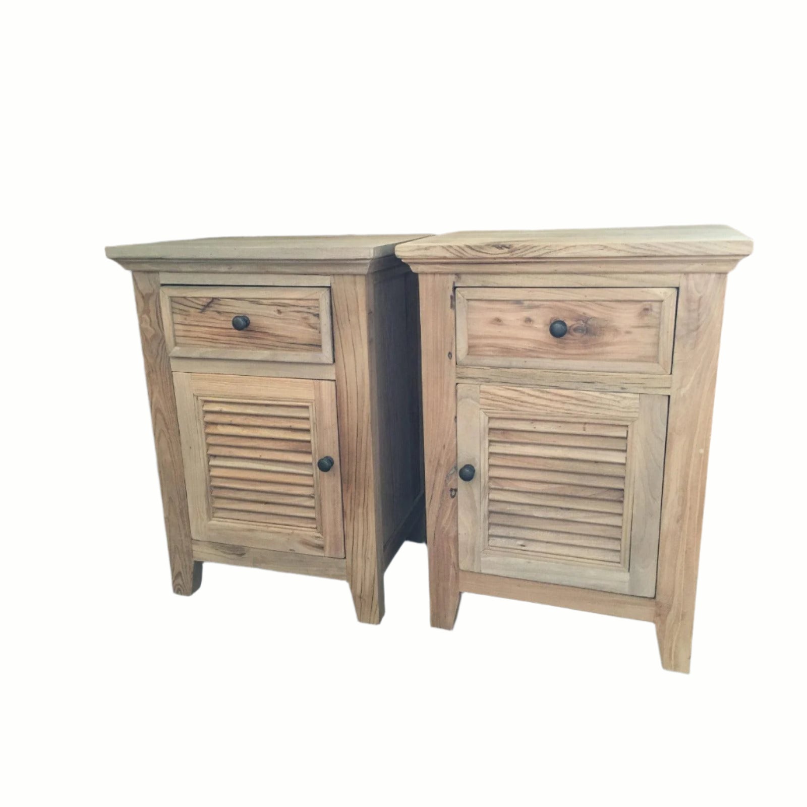 2 X VILLA RUSTIC LOUVRE STYLE BEDSIDE TABLES 1 DRAWER & 1 DOOR IN RECYCLED ELM - MyChocolateWood