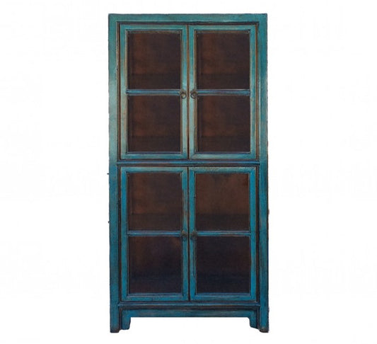 AIYAN H2 CHINESE ANTIQUE 4-DOOR DISPLAY CABINET OCEAN BLUE