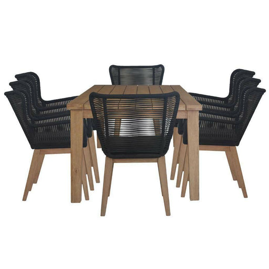 ALANYA OUTDOOR DINING CHAIR NATURAL EUCALYPTUS TIMBER LEGS BLACK ROPE/CHARCOAL - MyChocolateWood
