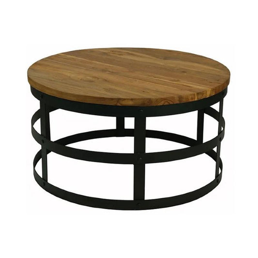 ALBASHA RECYLCED PINE & METAL ROUND COFFEE TABLE NATURAL/BLACK - MyChocolateWood