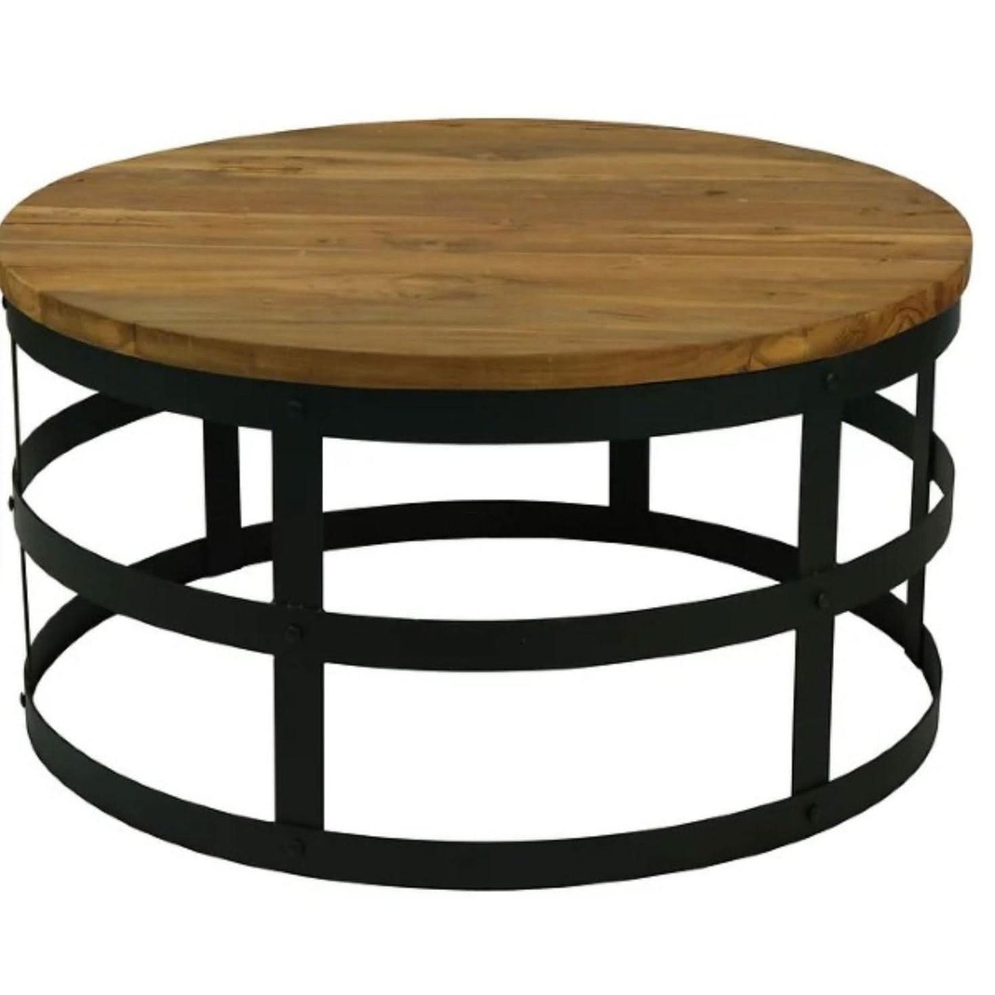 ALBASHA RECYLCED PINE & METAL ROUND COFFEE TABLE NATURAL/BLACK - MyChocolateWood