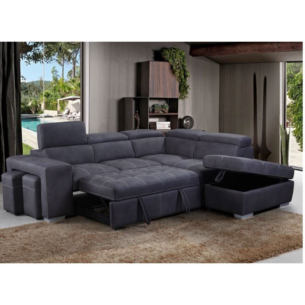 ALBRET FABRIC 2-SEATER SOFA BED + 2 OTTOMANS W/RHF CHARCOAL - MyChocolateWood