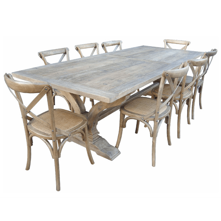 ANAIS FRENCH PROVINCIAL DINING TABLE RECYCLED TIMBER HARDWOOD 240CM RUSTIC + 8 x MELROSE DINING CHAIR IN ELM WOOD WITH A NATURAL FINISH - MyChocolateWood