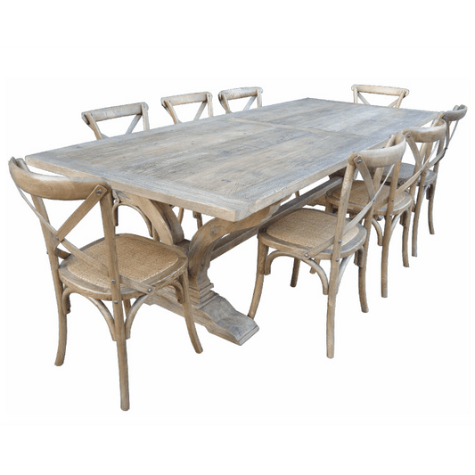 ANAIS FRENCH PROVINCIAL DINING TABLE RECYCLED TIMBER HARDWOOD 240CM RUSTIC + 8 x MELROSE DINING CHAIR IN ELM WOOD WITH A NATURAL FINISH - MyChocolateWood
