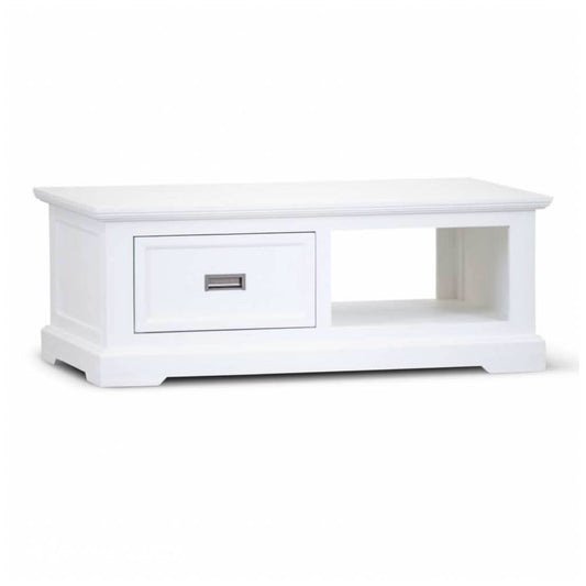 ANIKA SOLID ACACIA WOOD COFFEE TABLE WITH 1 DRAWER & A SHELF IN VIVID WHITE - MyChocolateWood