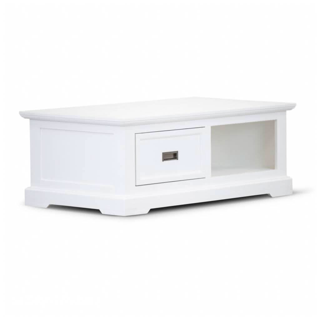 ANIKA SOLID ACACIA WOOD COFFEE TABLE WITH 1 DRAWER & A SHELF IN VIVID WHITE - MyChocolateWood